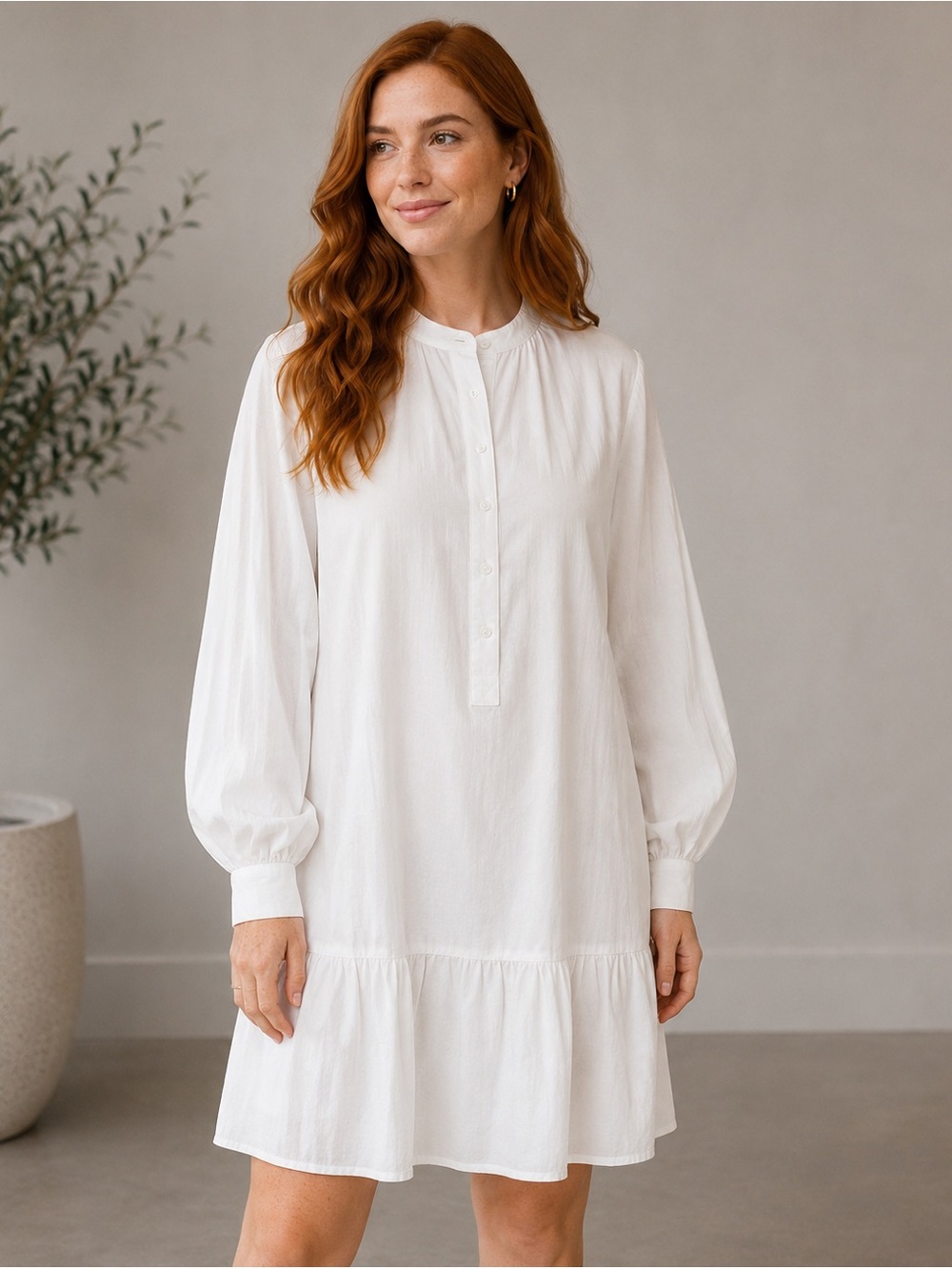 Elizabeth and James White Tunic Shirt Dress L Button Front Long Sleeve Relaxed